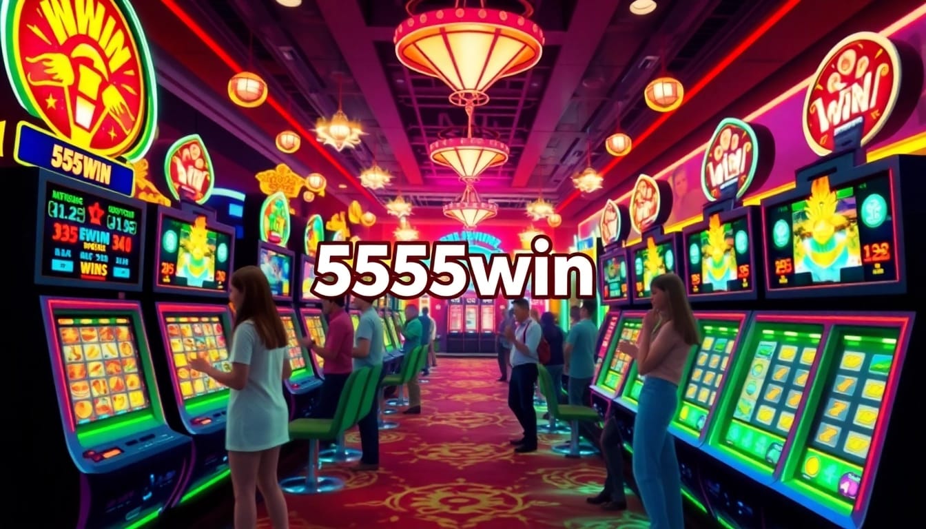 Exciting 555win casino scene with joyful players at slot machines.