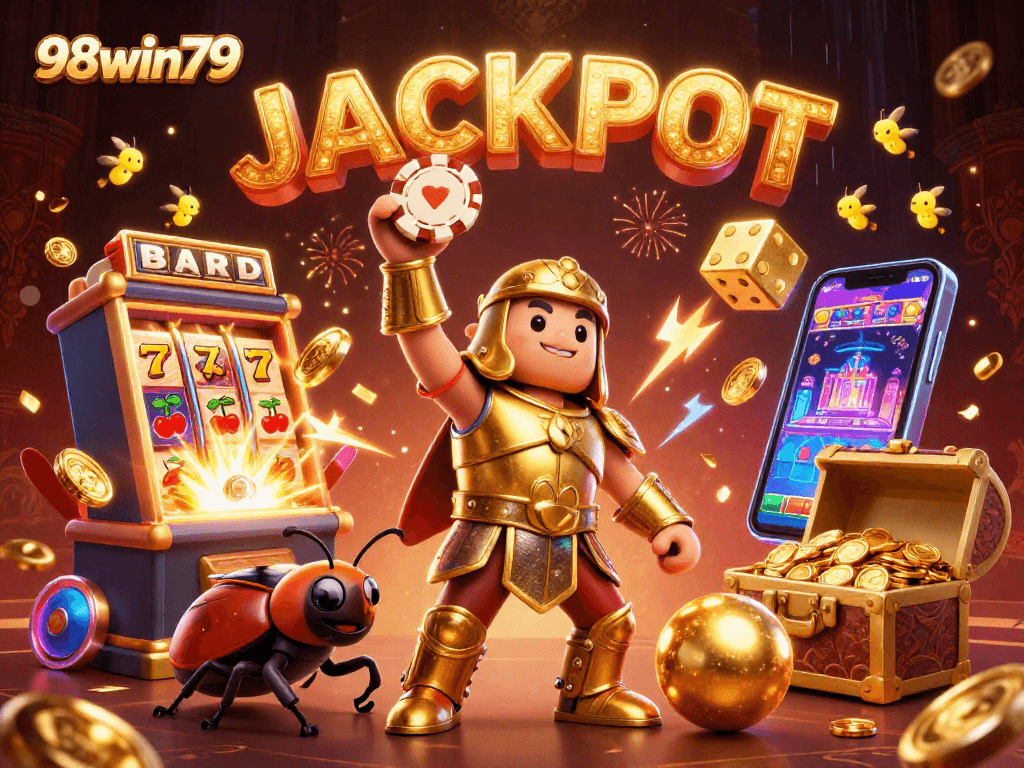 Engage in gaming excitement at 98win79 with colorful casino illustrations and dynamic jackpots.