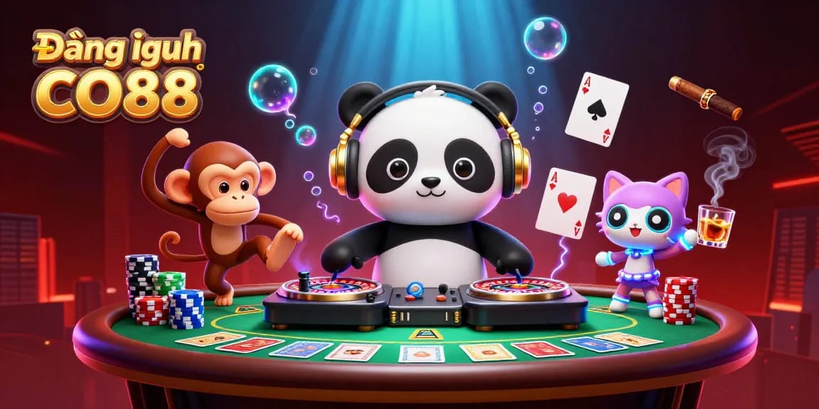 Engage with Đăng nhập CO88 and celebrate gaming with a DJ panda, monkey dancer, and glow-stick kitten.