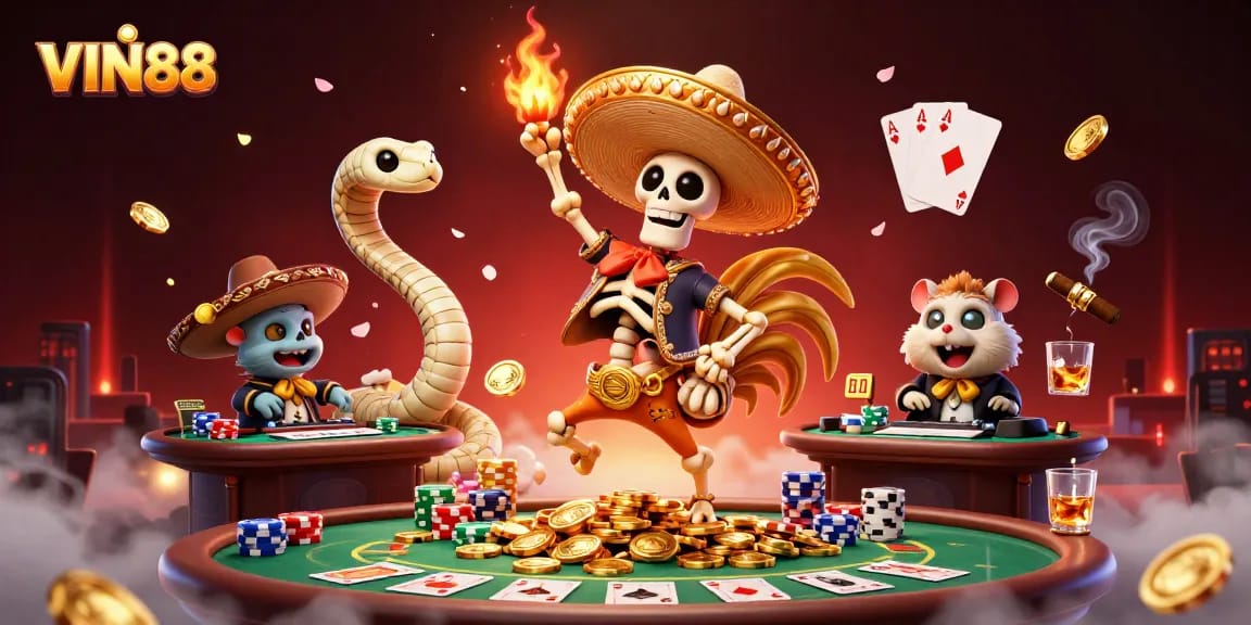 Catch the excitement with VIN88 as a skeleton mariachi rooster dances on gold coins.