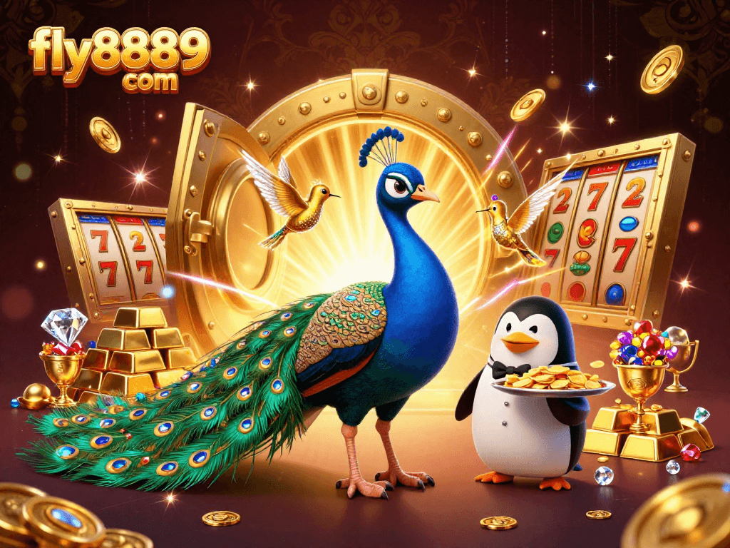 Immerse in fly8889 com's luxury with a vibrant casino scene featuring peacock and penguin amidst gold treasures.