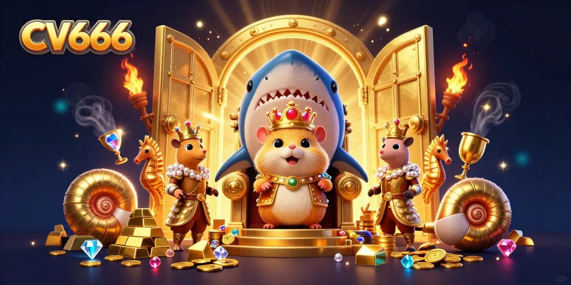 CV666 captures the excitement of online gaming with a dynamic 3D illustration featuring a golden hamster king and treasure.
