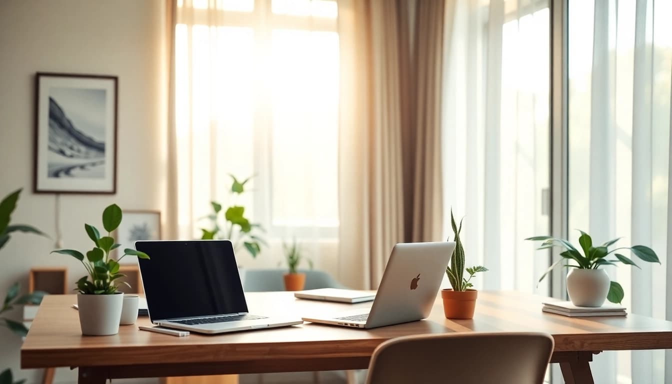 Promote coping strategies for stress and anxiety with a calming workspace scene.
