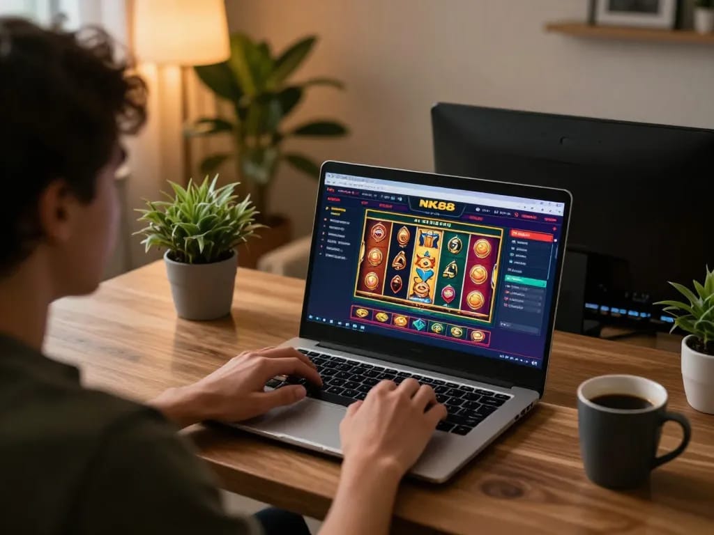 Player engaging with NK88 online casino on laptop in a cozy home setting
