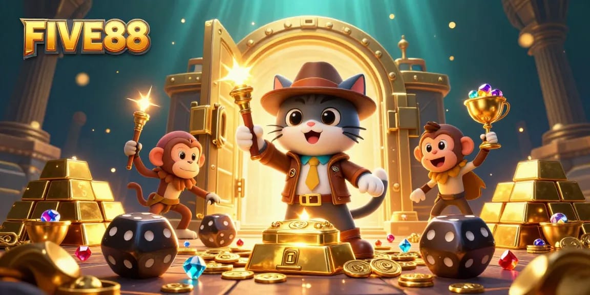 Experience winning excitement at FIVE88 casino, featuring vibrant treasure-filled adventure with animated characters.