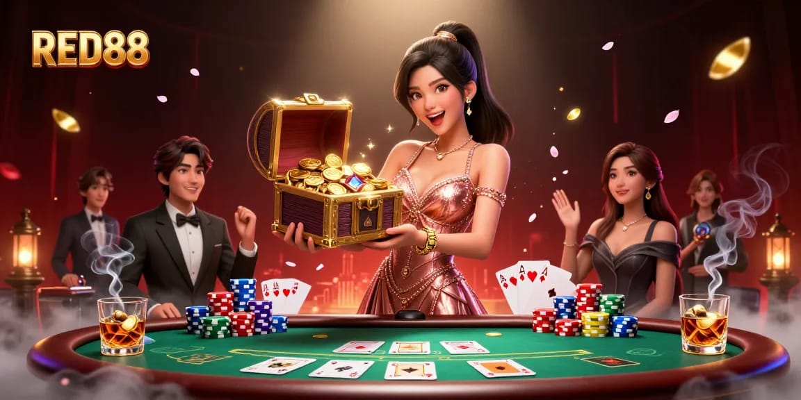 Experience the thrill of winning at RED88 with a vibrant treasure scene showcasing poker elements.