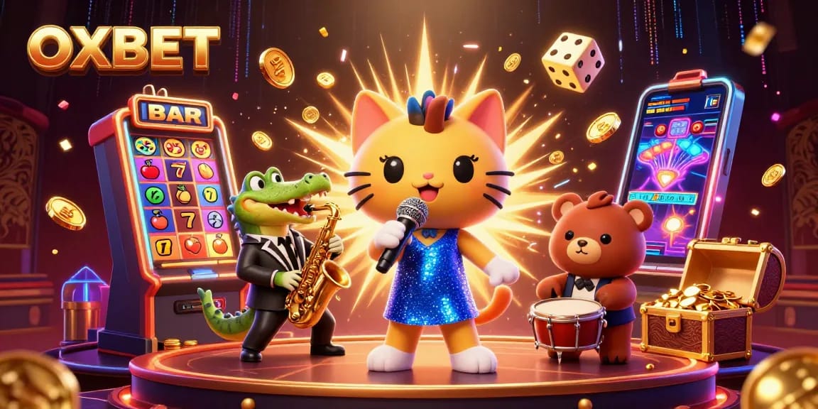Experience OXBET's vibrant casino world with a jazzy cat, crocodile, and bear, celebrating big wins.