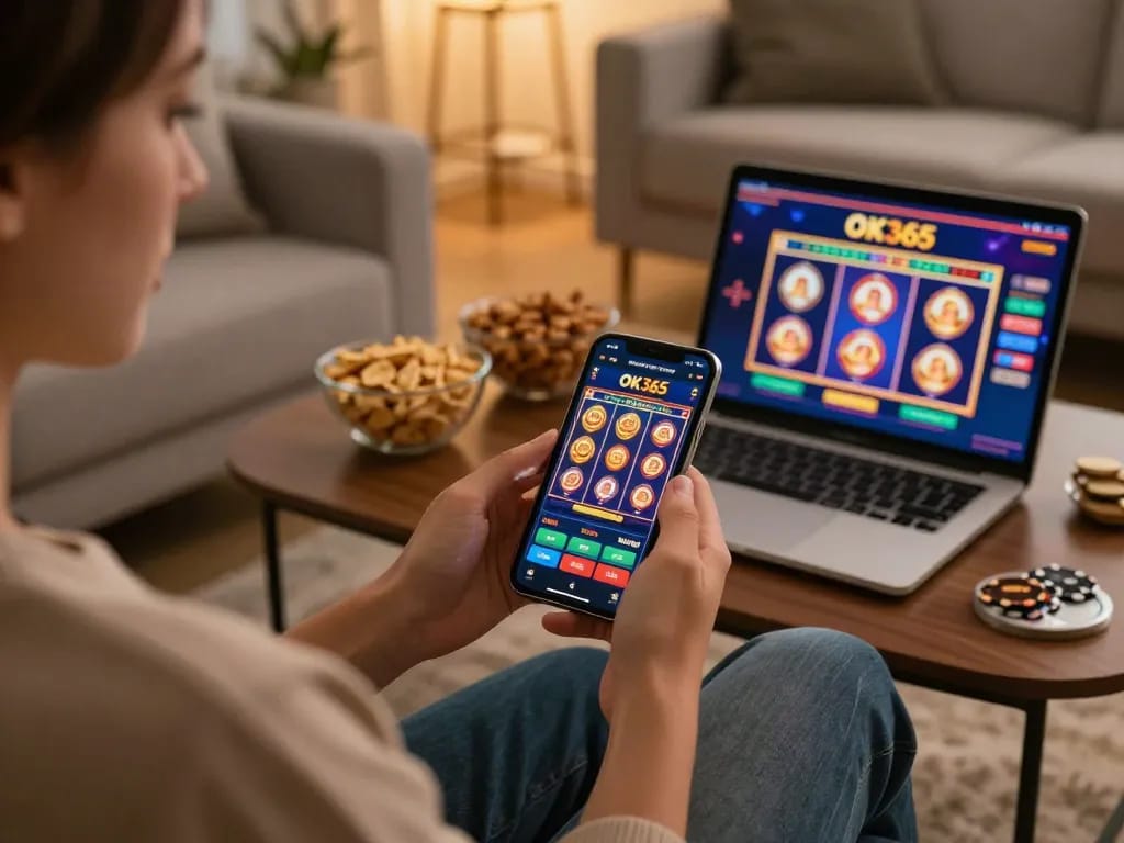 Engaging with the OK365 app for an exciting online gambling experience in a cozy home setting.