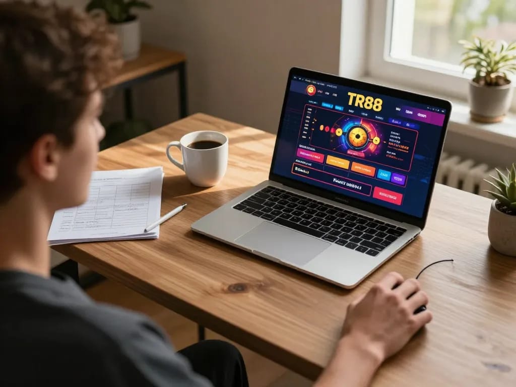 Engaging online gaming session at TR88.bio with a cozy desk setup and laptop showing betting interface.
