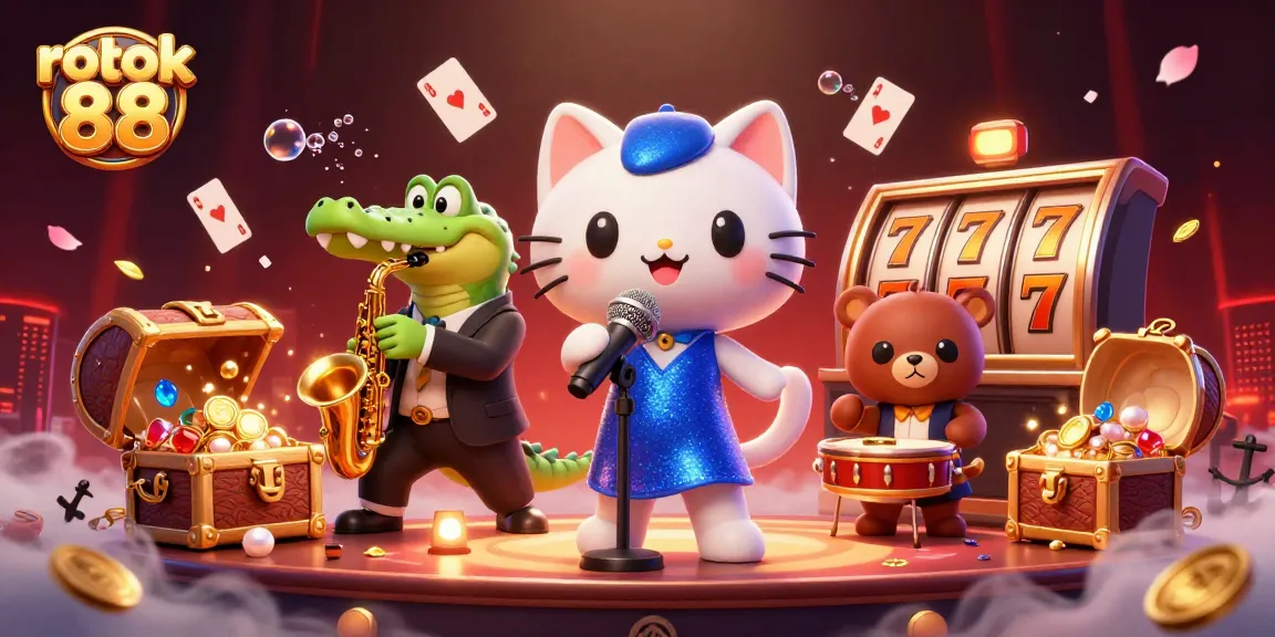 Celebrate wins at rokok 88 with 3D jazz-singer cat, saxophone crocodile, and bear cub in a lively casino scene.