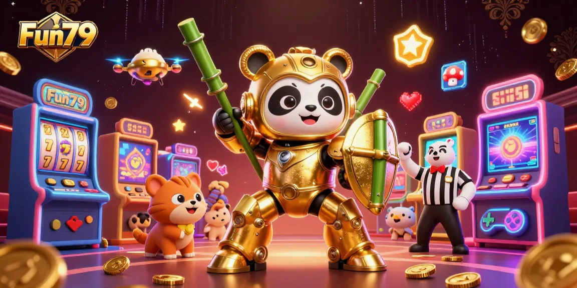 Experience excitement at Fun79 with golden panda and casino elements in a vibrant gaming arena.