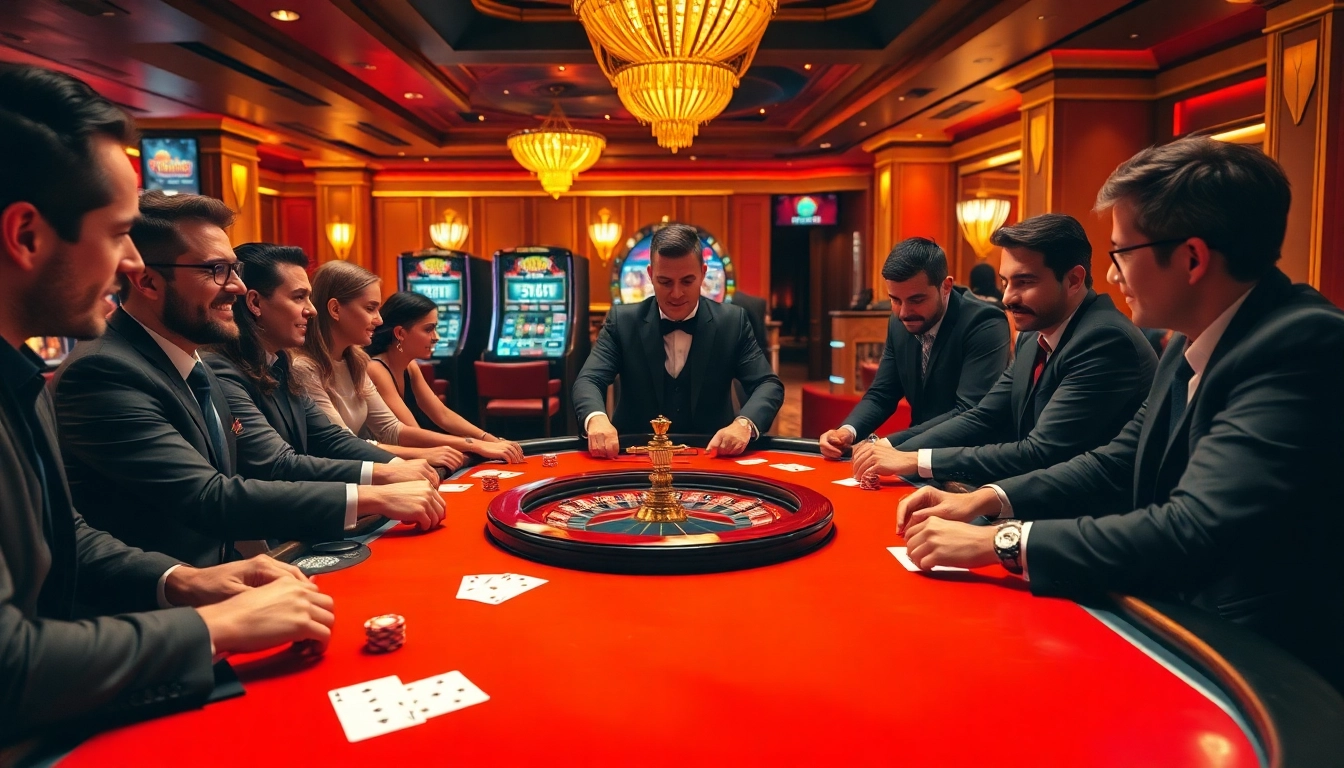 A vibrant casino scene showcasing players engaged in a high-stakes game at the mmoo poker table.