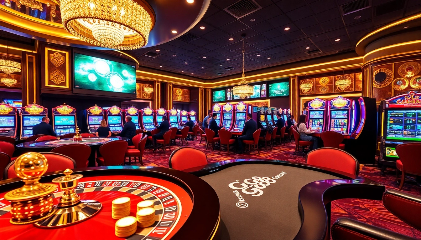 Experience the excitement of GG88 with a vibrant casino scene featuring poker tables and slot machines.