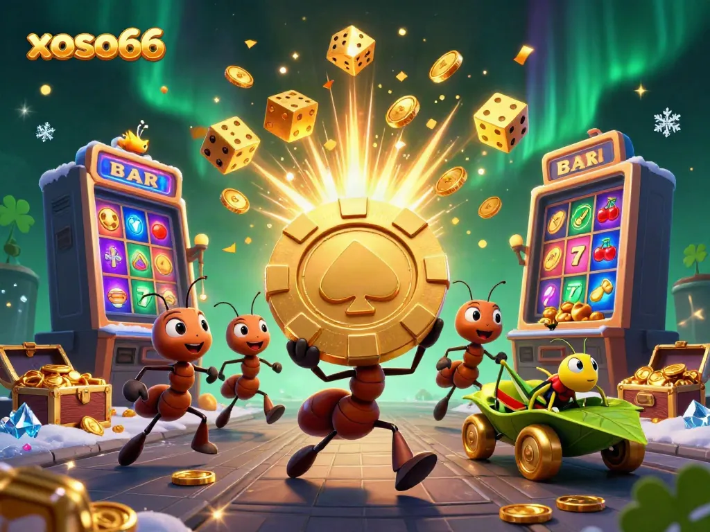 Engage with xoso66 as cartoon ants heist a golden poker chip in a vibrant casino setting.