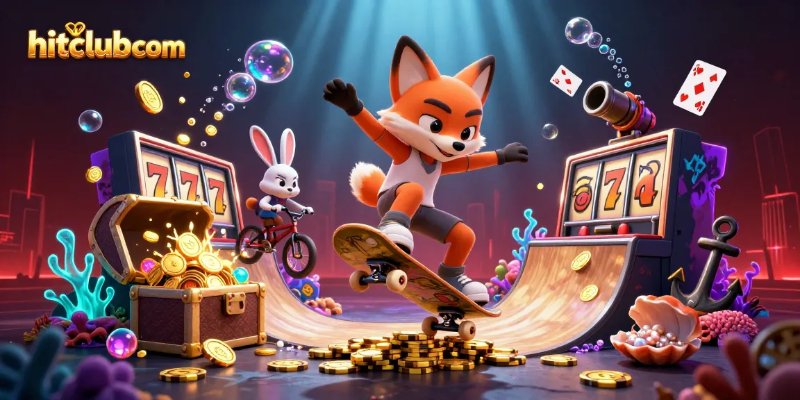 Hitclubcom showcases a thrilling scene of a skateboarder fox and BMX rabbit amidst vibrant casino symbols.