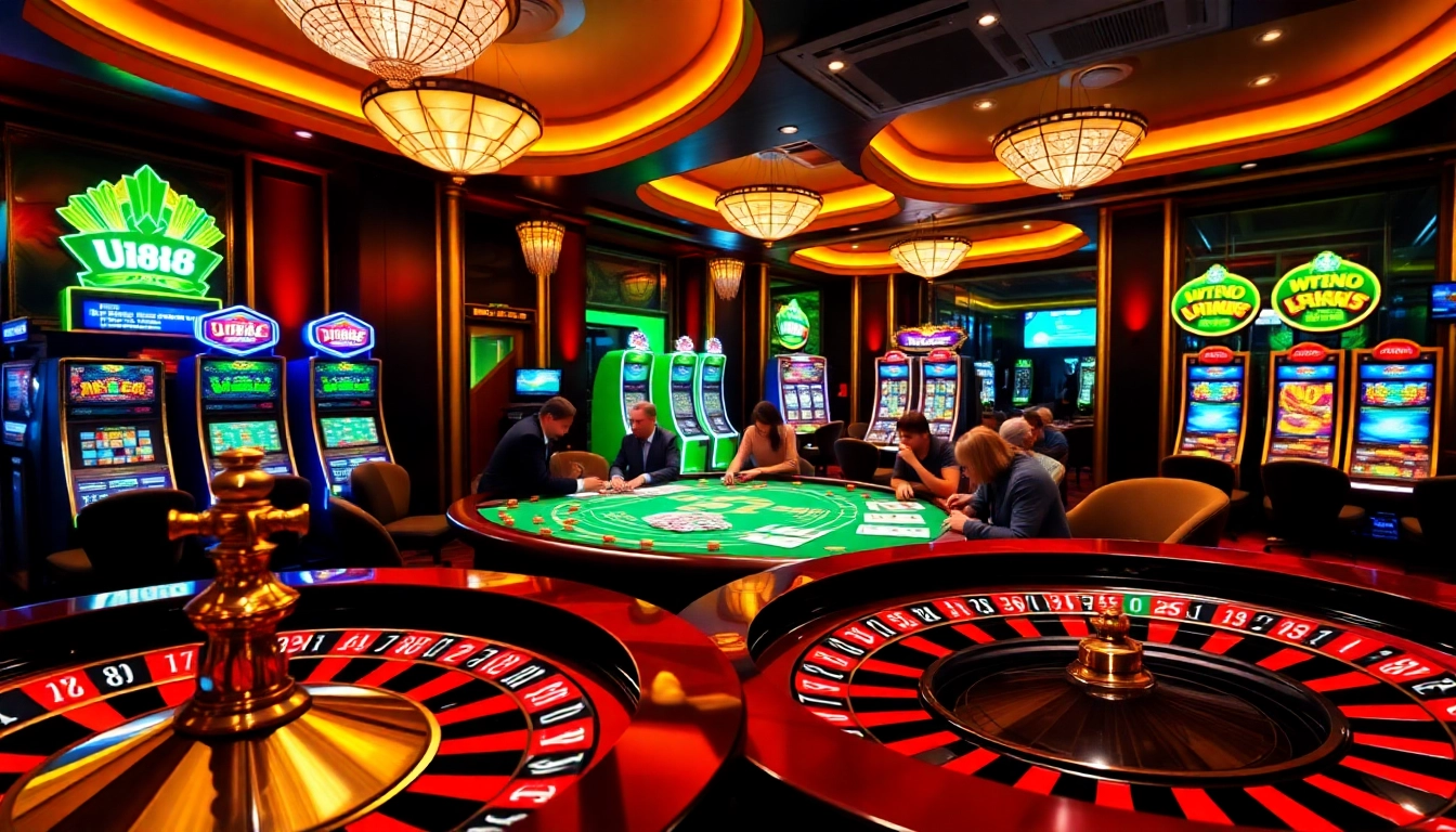 UU88 online casino experience featuring vibrant poker tables, roulette wheels, and colorful gaming elements.