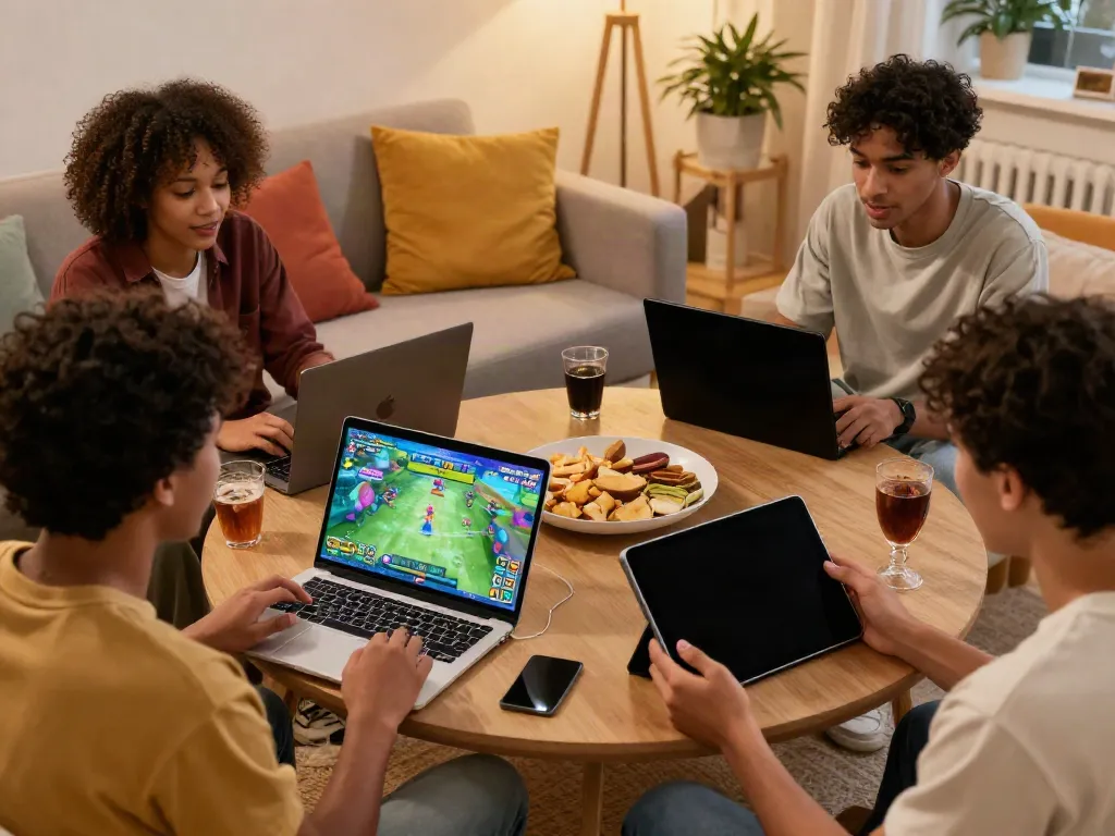 Friends enjoying ROKOK88 alternatif game offline together in a cozy living room.