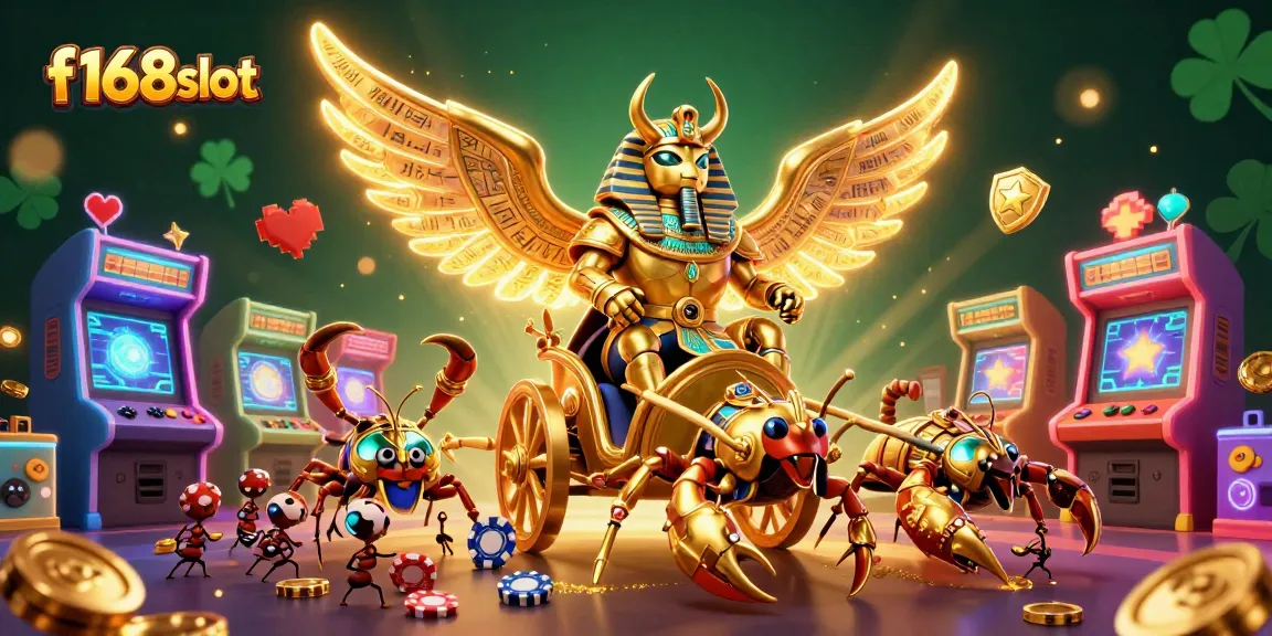 Join the excitement at f168slot with a vibrant, detailed scene featuring a golden scarab in a dynamic casino adventure.