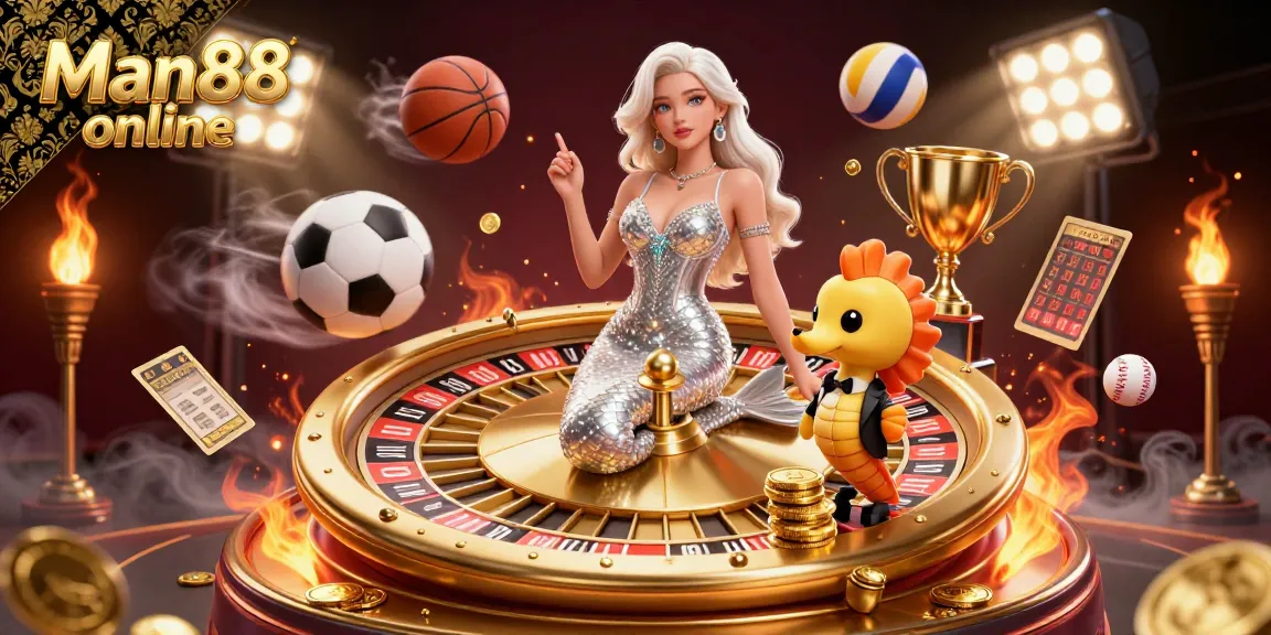 Engage with thrilling Man88 online experiences featuring a glamorous woman beside a golden roulette wheel.