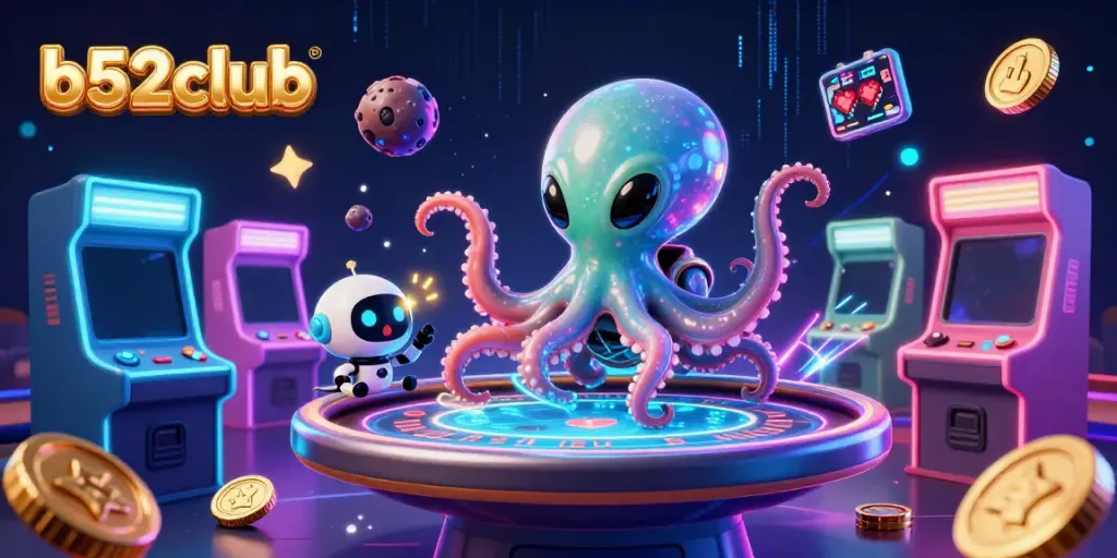 Exciting game action at b52club with an alien octopus and futuristic poker table.