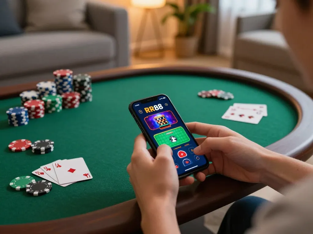 Engaging in online gambling activity with the RR88 app on a smartphone amidst a cozy home setup.