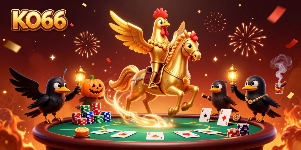 Experience KO66's vibrant casino atmosphere with a dazzling golden rooster amidst poker excitement.