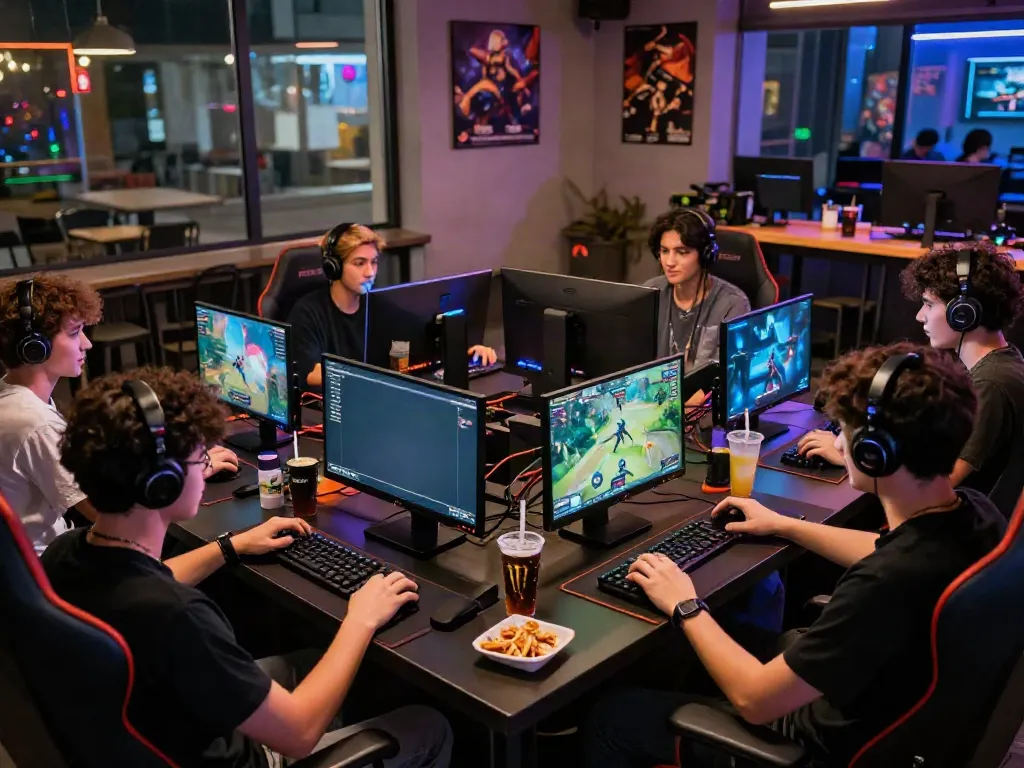 Exciting gaming atmosphere at a café, highlighting rokok88 culture with friends immersed in competitive gaming.