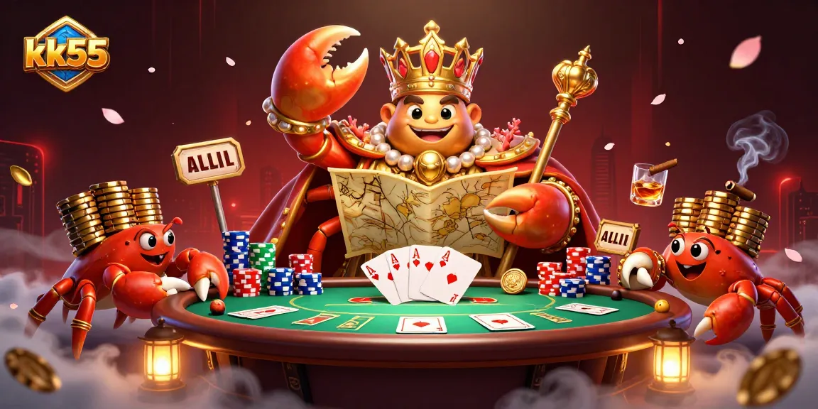 Engage in thrilling poker action at kk55 with a golden crab emperor, chips, and dramatic elements.