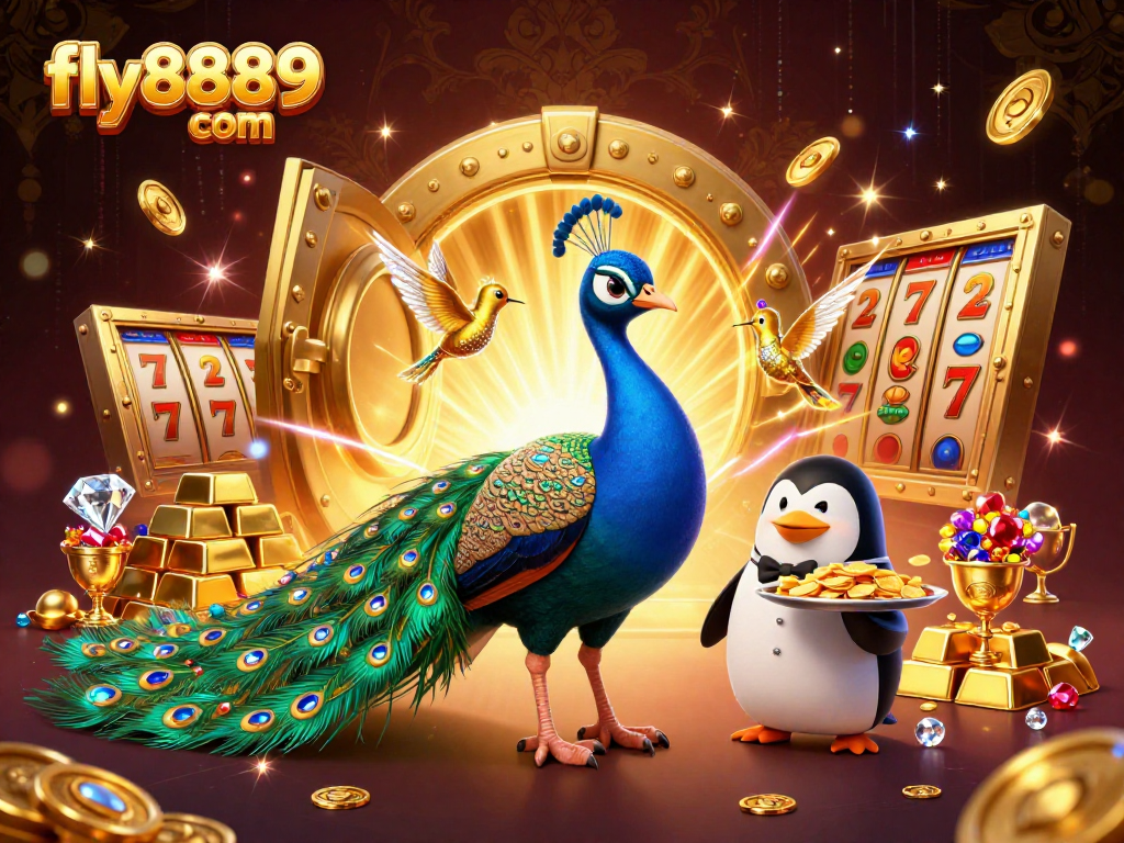 Immerse in fly8889 com's luxury with a vibrant casino scene featuring peacock and penguin amidst gold treasures.