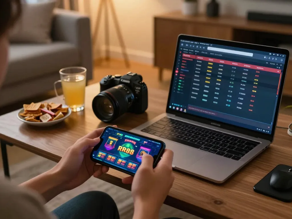 Engaged player using smartphone for Trang game RR88 in cozy home setting