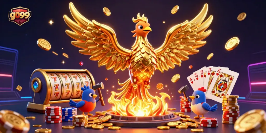 Engage in thrilling spins at g099's casino with a golden phoenix and dynamic slot elements.