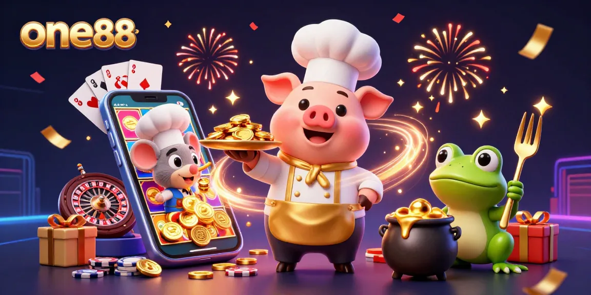 Experience thrilling gameplay at one88 with festive characters and casino elements celebrating wins.
