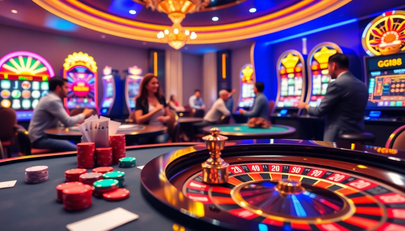 Exciting GG88 casino scene with poker, roulette, and colorful chips in a luxurious setting.