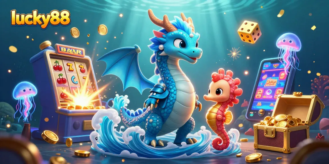 Join the fun at lucky88 as a vibrant azure water dragon and seahorse knight dive into a packed casino adventure.