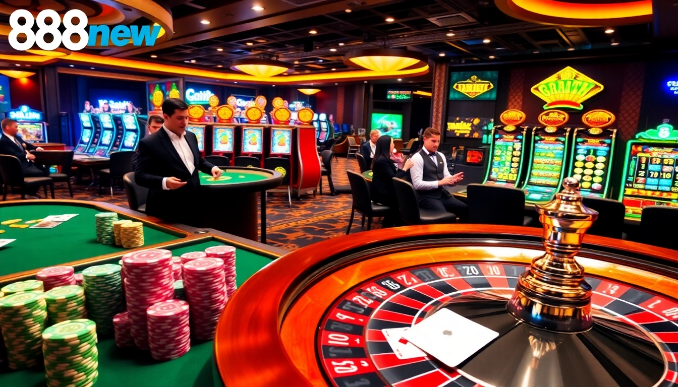 An exhilarating gambling scene at 888new.com with active casino tables, poker chips, and roulette wheel excitement.