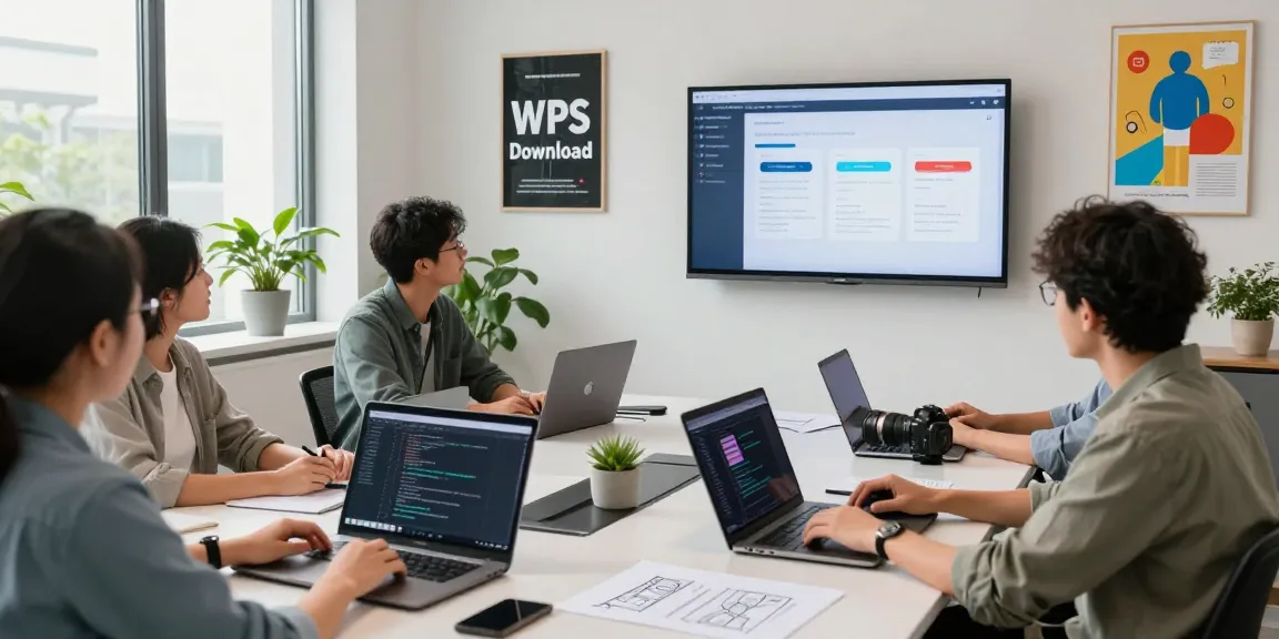 Team discussing WPS Download features in modern office setting.