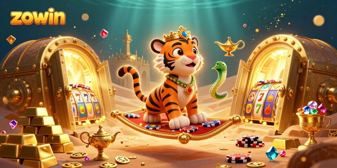 Experience the excitement of zowin with slots and treasures in this vibrant 3D casino scene.