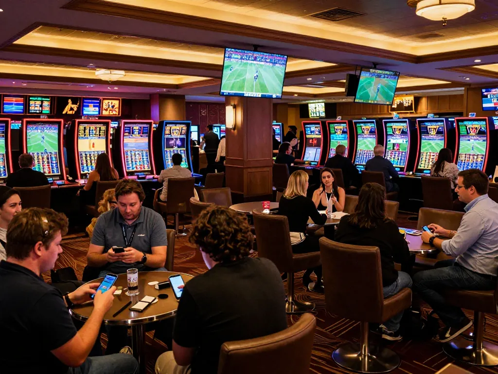 Excited fans placing bets at a sports betting lounge showcasing tỷ lệ bóng đá kèo nhà cái on screens
