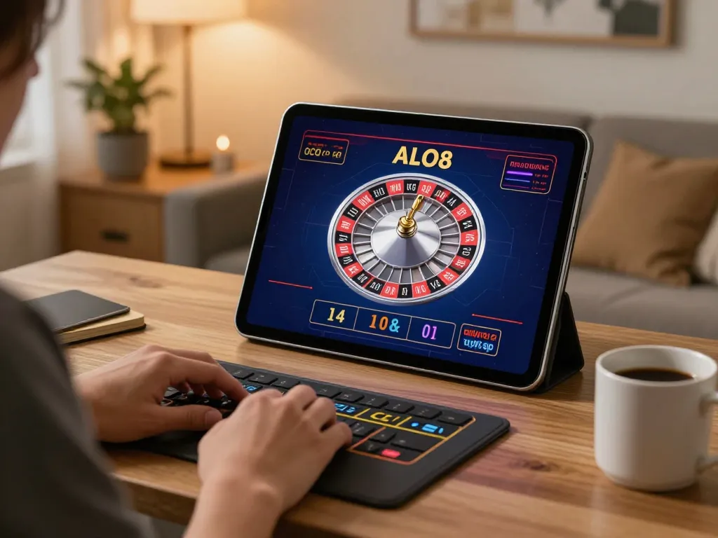 Playing ALO8 live dealer roulette on a tablet in a stylish home office.