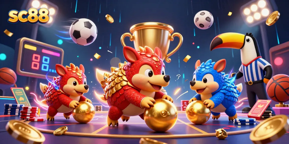 Experience the thrilling sc88 gaming scene with rival pangolins rolling golden balls amidst poker chips.