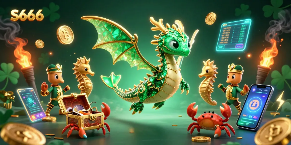 S666 showcases players winning with colorful 3D dragon and treasure, celebrating success in gambling.