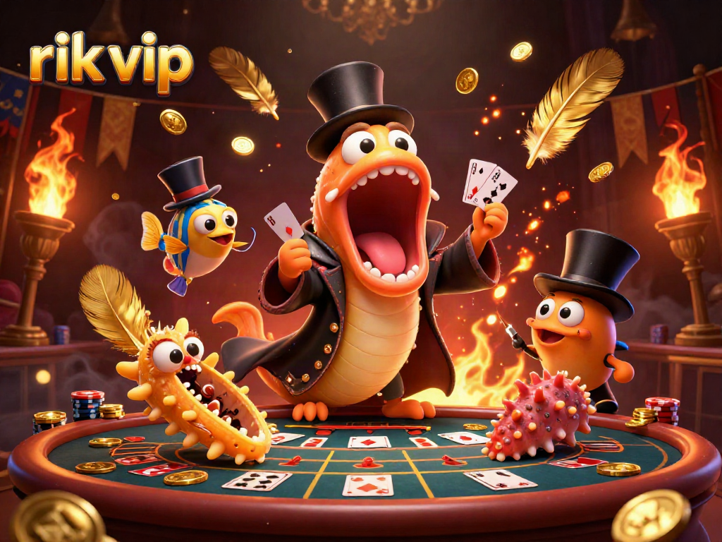 Experience the thrill of rik vip with a bioluminescent eel performing card tricks in a magical live casino scene.