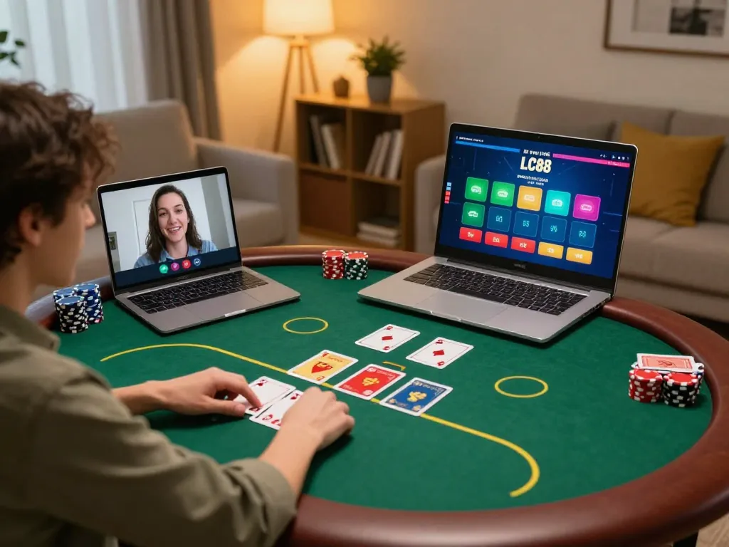 LC88 player engaging in an online poker game showcasing virtual tables and betting options