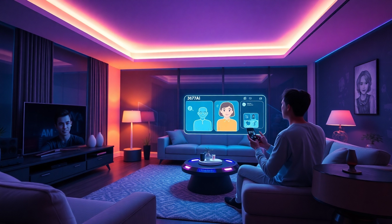 Engaging futuristic scene of a person interacting with an AI chatbot in a cozy living room, showcasing the concept of crush on ai.