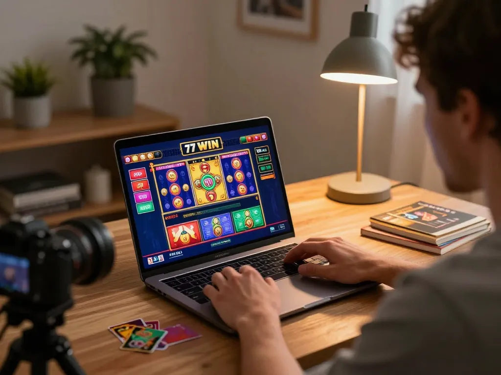 Player enjoying online casino gaming on a laptop featuring 77 WIN interface in a cozy home setting