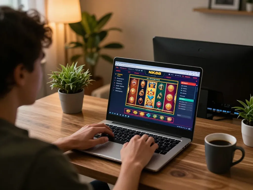 Player engaging with NK88 online casino on laptop in a cozy home setting
