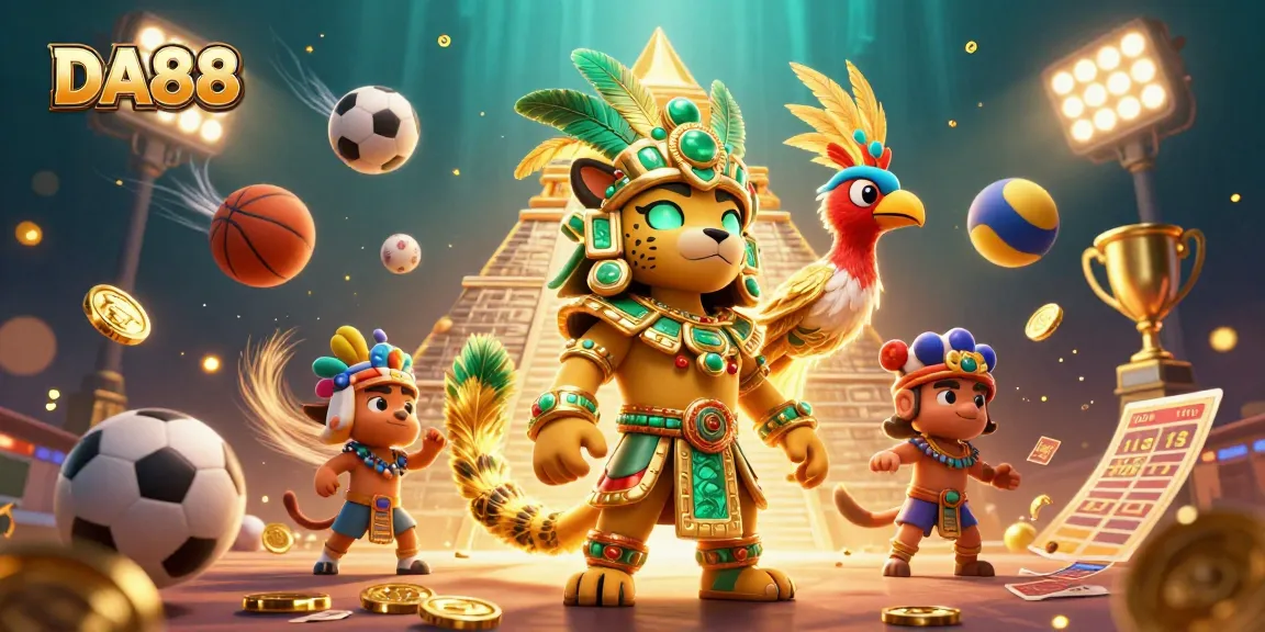 Engage in dynamic sports betting excitement with DA88, featuring a vibrant 3D scene.