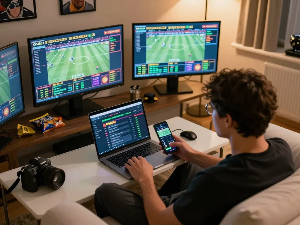 Engaged sports bettor placing wagers on MM88 using a laptop and smartphone in a cozy home setting
