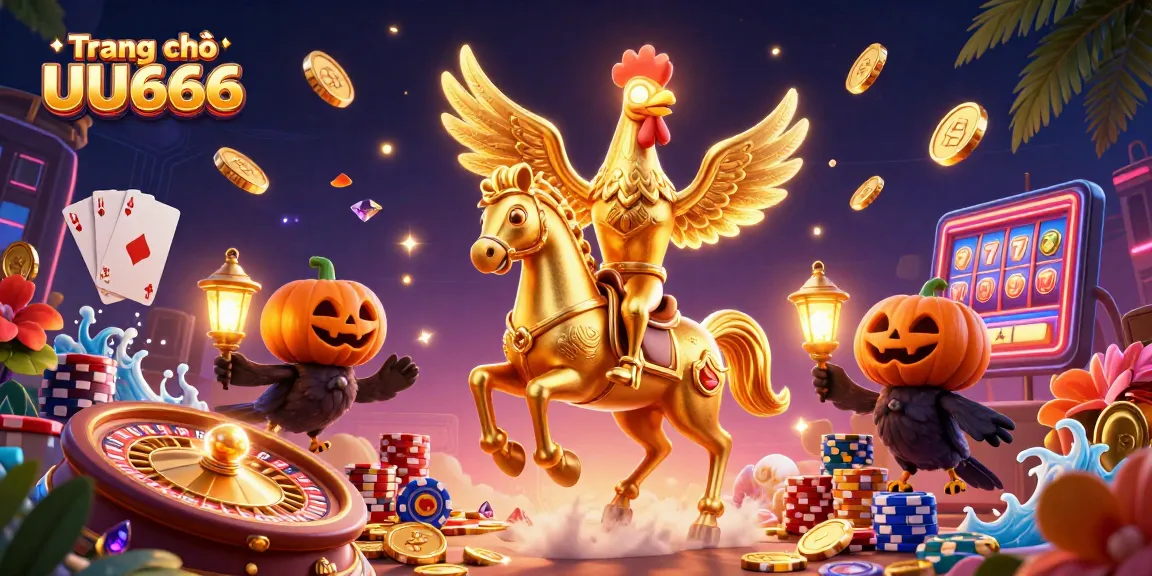 Experience the excitement of Trang chủ UU666 with lively casino characters surrounded by dynamic gaming elements.