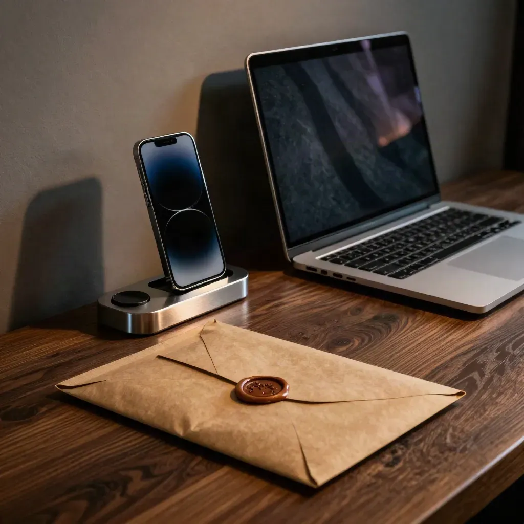 Telefon, nabíjecí dock, zapečetěná obálka a notebook v tlumeném nočním světle.